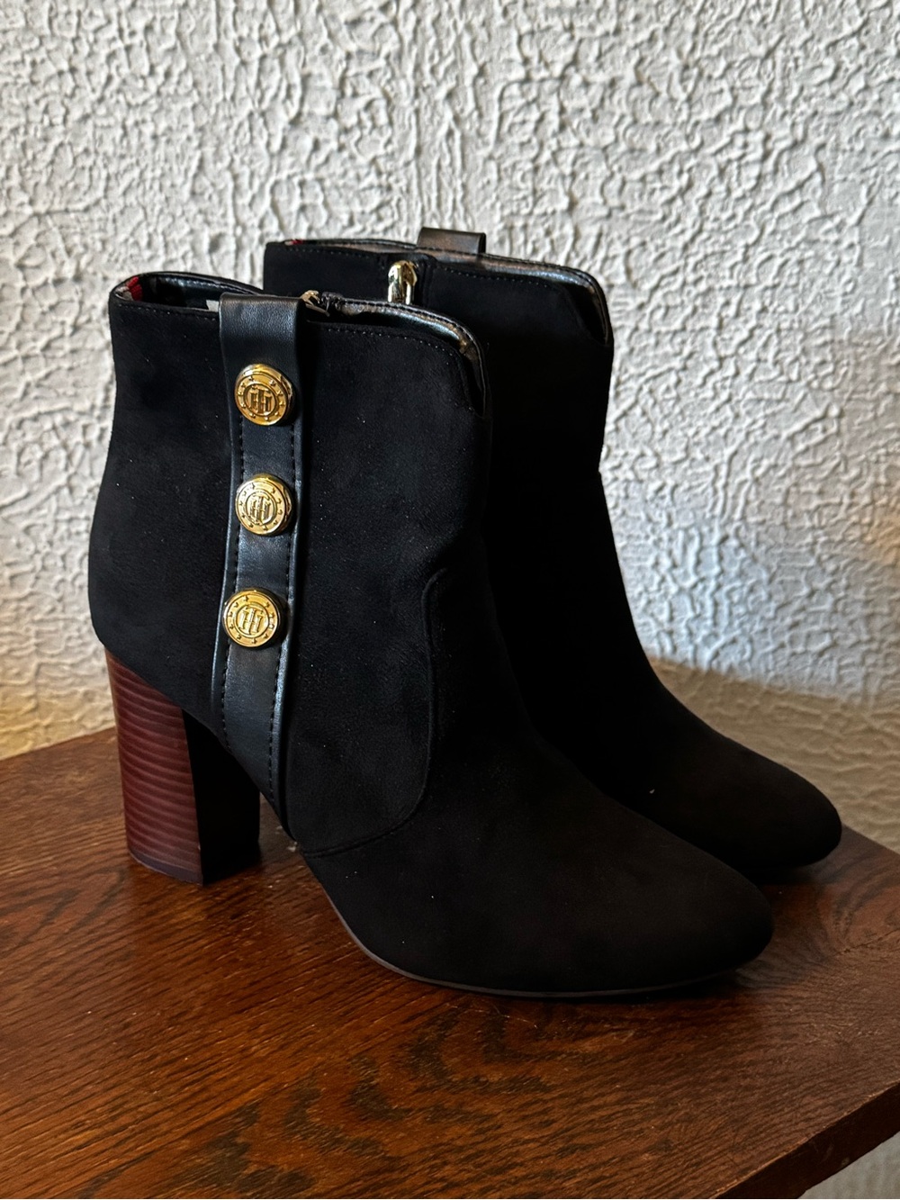 Tommy Hilfiger Domain 3 Black Suede Ankle Boots with Gold Logo Buttons